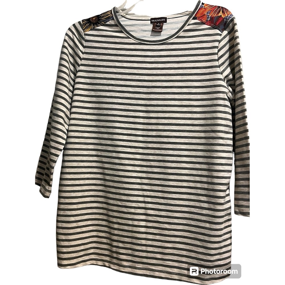Multiples Top Women's S 3/4 Sleeve Stripe Green/Cream Floral Back Round Neck